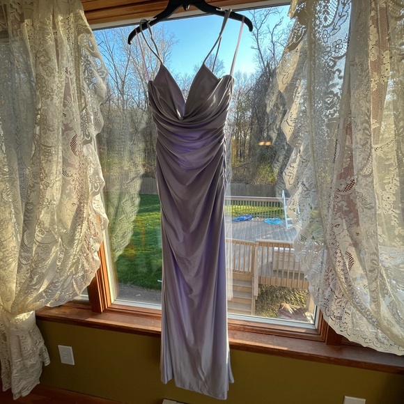 La Femme Strappy Back Ruched Trumpet Gown in Periwinkle - Picture 4 of 11